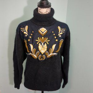Vintage IB Diffusion Black Gold Embroidered Holiday Silk Wool Sweater medium
